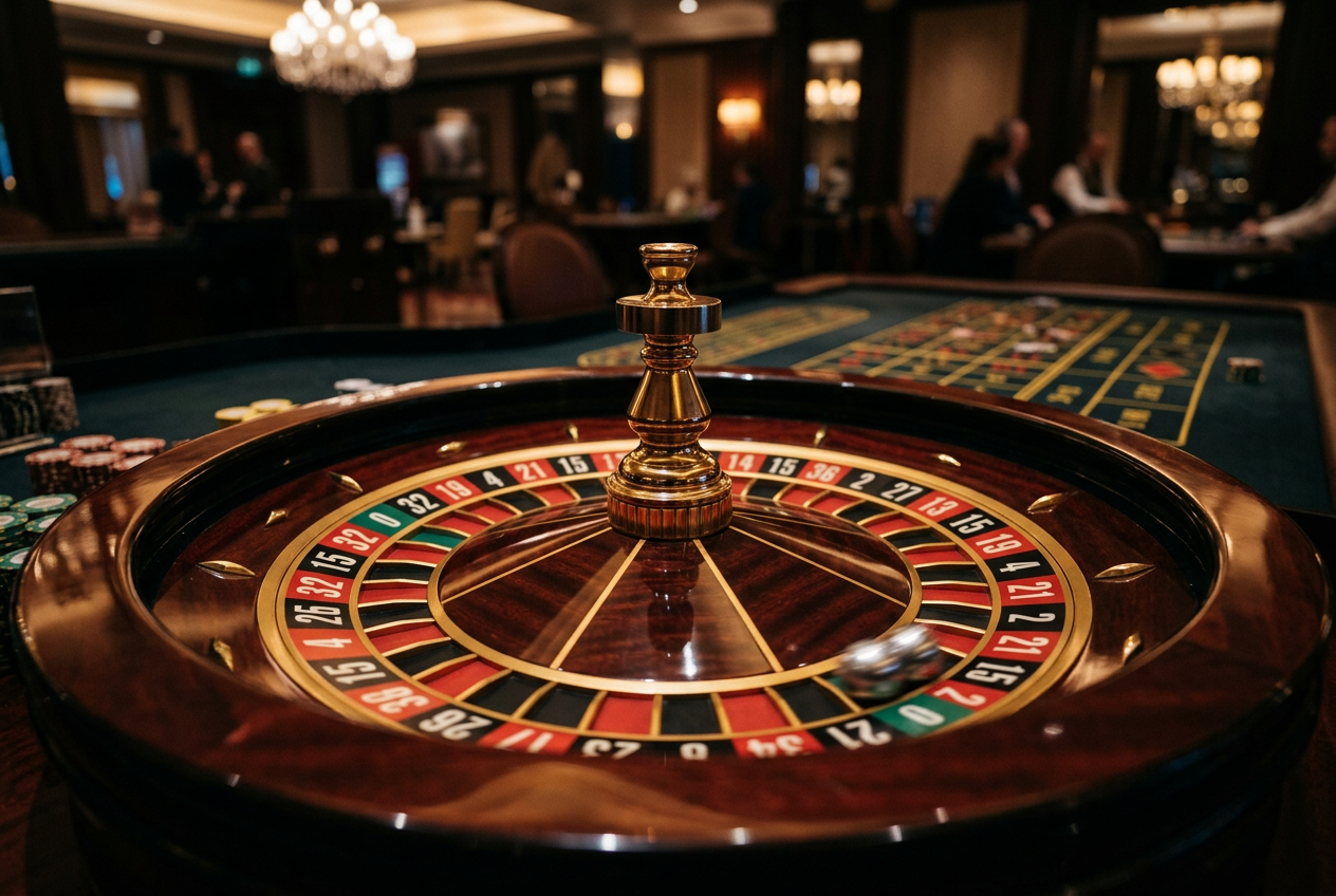 A close-up of a professional roulette wheel spinning in a luxury casino.