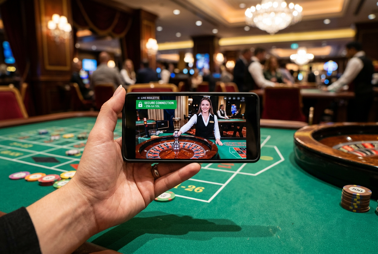 A smartphone showing a secure live roulette game session.